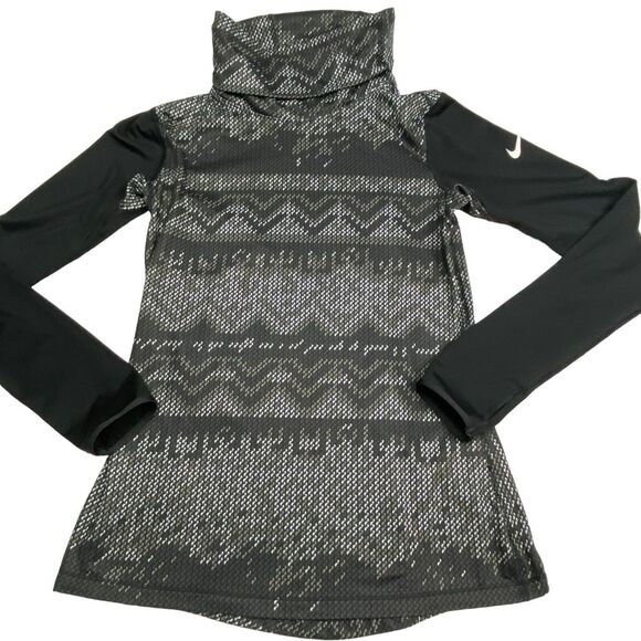 Nike Pro Top Womens Medium Black Aztec Thumb Holes Dri Fit Turtleneck Logo - Picture 8 of 8